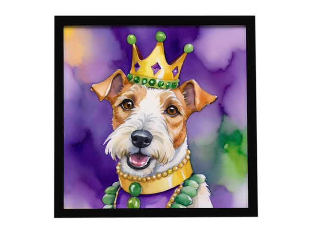 Fox Terrier King of Mardi Gras Framed Metal Print Bathroom, Kitchen, Office, Home Decor Wall Art Ready to Hang, Square, 8X8