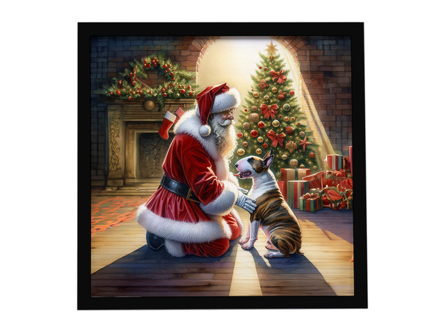 Bull Terrier and Santa Claus Framed Metal Print Bathroom, Kitchen, Office, Home Decor Wall Art Ready to Hang, Square, 8X8