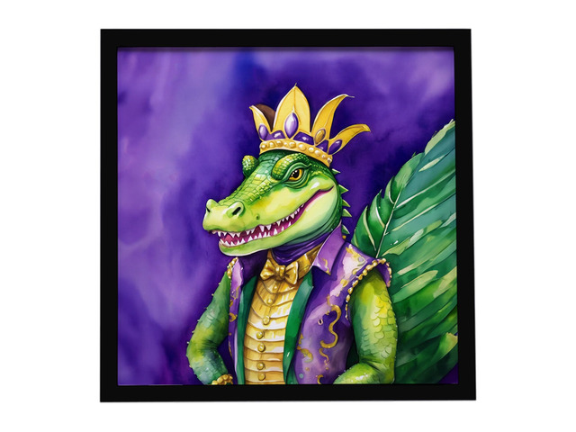 Alligator King of Mardi Gras Framed Metal Print Bathroom, Kitchen, Office, Home Decor Wall Art Ready to Hang, Square, 8X8