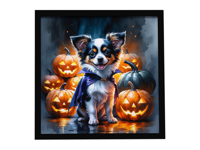 Tricolor Papillon Puppy Halloween Framed Metal Print Bathroom, Kitchen, Office, Home Decor Wall Art Ready to Hang, Square, 8X8