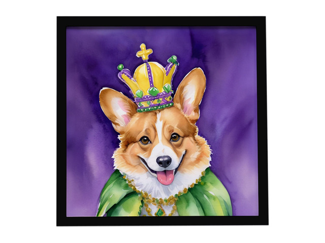 Corgi King of Mardi Gras Framed Metal Print Bathroom, Kitchen, Office, Home Decor Wall Art Ready to Hang, Square, 8X8