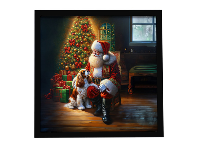 Cavalier Spaniel and Santa Claus Framed Metal Print Bathroom, Kitchen, Office, Home Decor Wall Art Ready to Hang, Square, 8X8