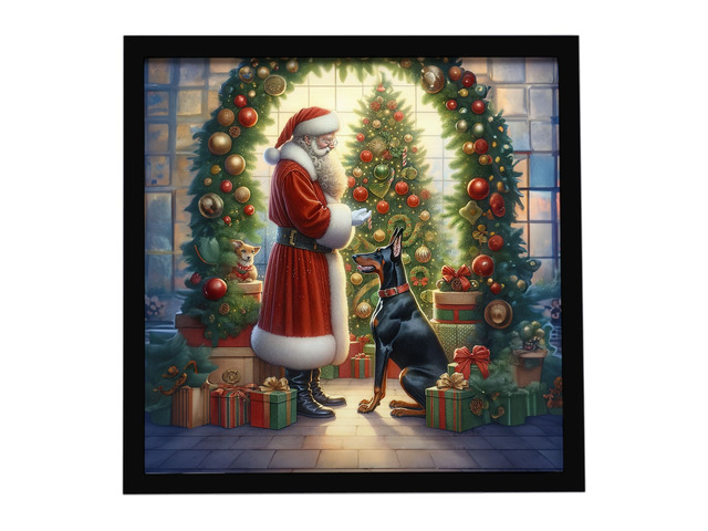 Doberman Pinscher and Santa Claus Framed Metal Print Bathroom, Kitchen, Office, Home Decor Wall Art Ready to Hang, Square, 8X8