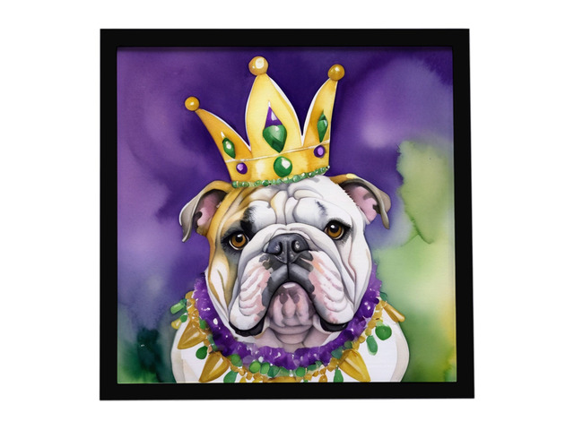 English Bulldog King of Mardi Gras Framed Metal Print Bathroom, Kitchen, Office, Home Decor Wall Art Ready to Hang, Square, 8X8