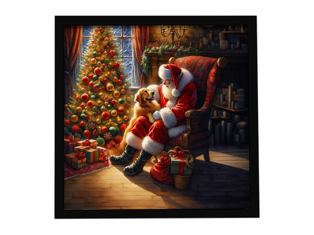 Golden Retriever and Santa Claus Framed Metal Print Bathroom, Kitchen, Office, Home Decor Wall Art Ready to Hang, Square, 8X8