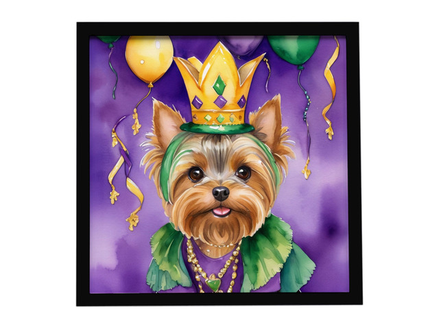 Yorkshire Terrier King of Mardi Gras Framed Metal Print Bathroom, Kitchen, Office, Home Decor Wall Art Ready to Hang, Square, 8X8