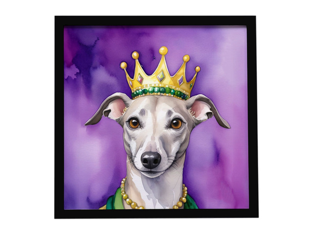 Whippet King of Mardi Gras Framed Metal Print Bathroom, Kitchen, Office, Home Decor Wall Art Ready to Hang, Square, 8X8