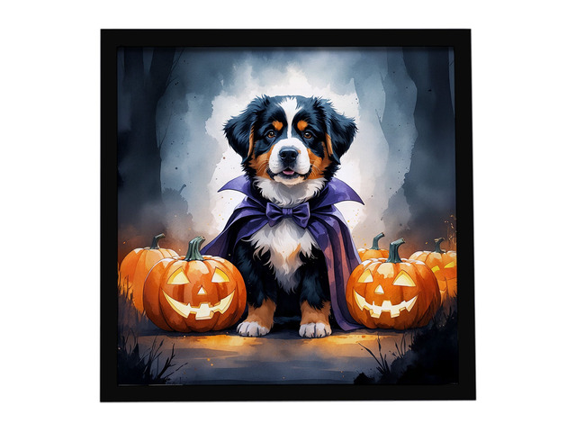 Bernese Mountain Dog Puppy Halloween Framed Metal Print Bathroom, Kitchen, Office, Home Decor Wall Art Ready to Hang, Square, 8X8