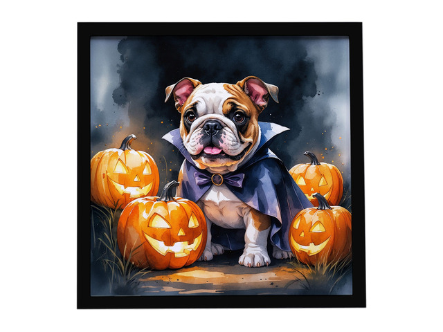 English Bulldog Puppy Halloween Framed Metal Print Bathroom, Kitchen, Office, Home Decor Wall Art Ready to Hang, Square, 8X8