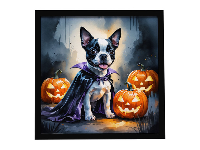 Boston Terrier Puppy Halloween Framed Metal Print Bathroom, Kitchen, Office, Home Decor Wall Art Ready to Hang, Square, 8X8