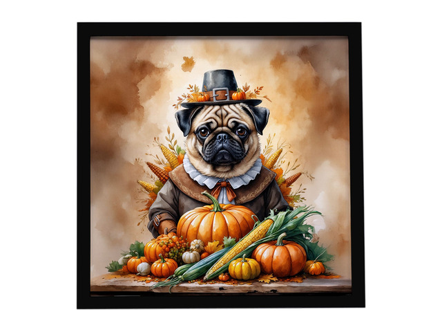 Pug Thanksgiving Framed Metal Print Bathroom, Kitchen, Office, Home Decor Wall Art Ready to Hang, Square, 8X8