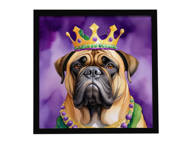 Bullmastiff King of Mardi Gras Framed Metal Print Bathroom, Kitchen, Office, Home Decor Wall Art Ready to Hang, Square, 8X8