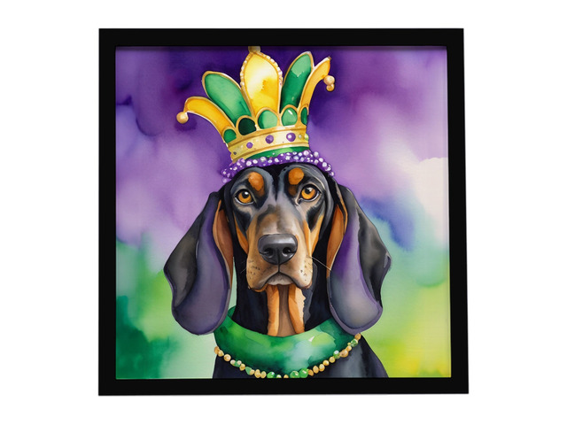 Black and Tan Coonhound King of Mardi Gras Framed Metal Print Bathroom, Kitchen, Office, Home Decor Wall Art Ready to Hang, Square, 8X8