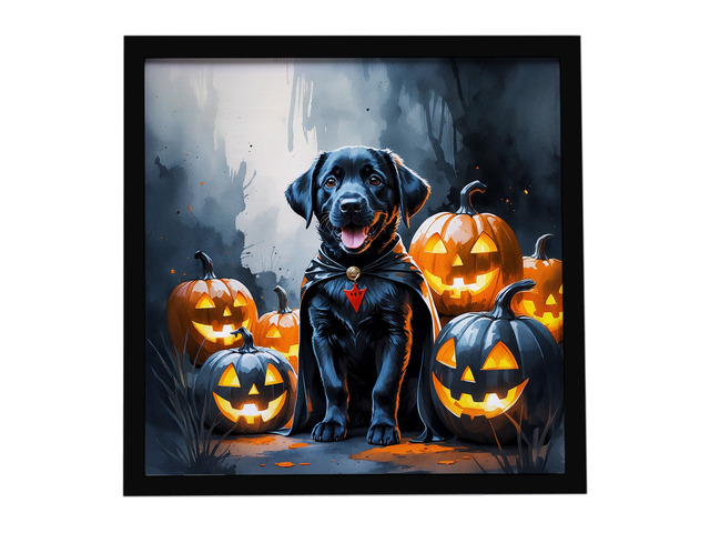 Black Labrador Retriever Puppy Halloween Framed Metal Print Bathroom, Kitchen, Office, Home Decor Wall Art Ready to Hang, Square, 8X8