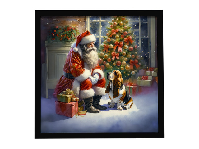 Basset Hound and Santa Claus Framed Metal Print Bathroom, Kitchen, Office, Home Decor Wall Art Ready to Hang, Square, 8X8