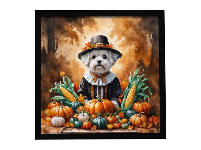 Maltese Thanksgiving Framed Metal Print Bathroom, Kitchen, Office, Home Decor Wall Art Ready to Hang, Square, 8X8