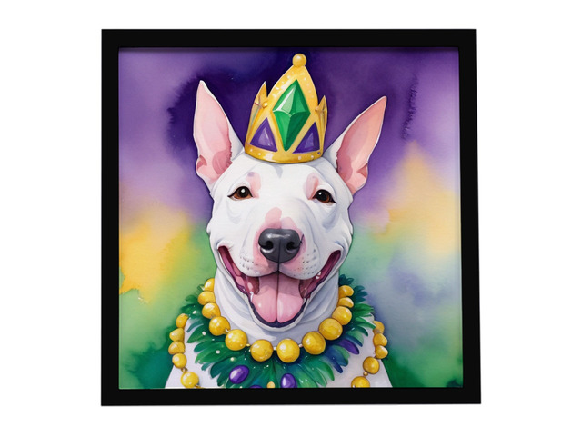 English Bull Terrier King of Mardi Gras Framed Metal Print Bathroom, Kitchen, Office, Home Decor Wall Art Ready to Hang, Square, 8X8