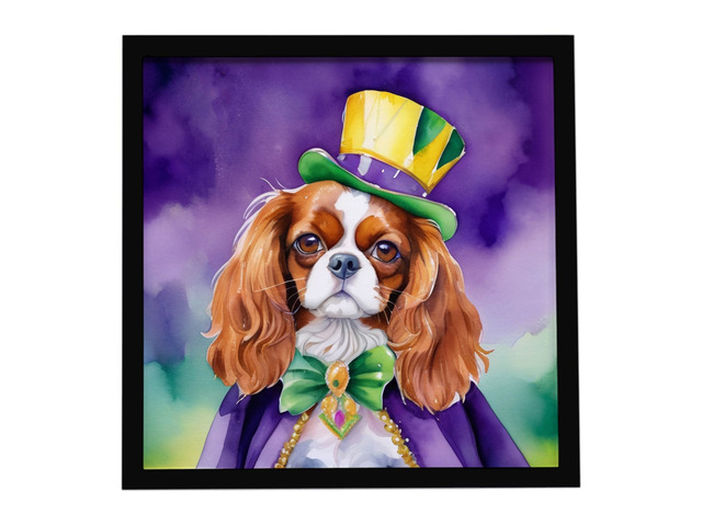 Cavalier Spaniel King of Mardi Gras Framed Metal Print Bathroom, Kitchen, Office, Home Decor Wall Art Ready to Hang, Square, 8X8
