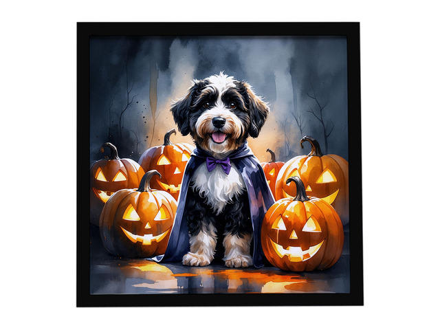Bernedoodle Puppy Halloween Framed Metal Print Bathroom, Kitchen, Office, Home Decor Wall Art Ready to Hang, Square, 8X8