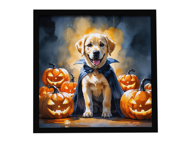 Yellow Labrador Retriever Puppy Halloween Framed Metal Print Bathroom, Kitchen, Office, Home Decor Wall Art Ready to Hang, Square, 8X8