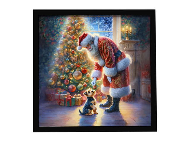 Australian Terrier and Santa Claus Framed Metal Print Bathroom, Kitchen, Office, Home Decor Wall Art Ready to Hang, Square, 8X8