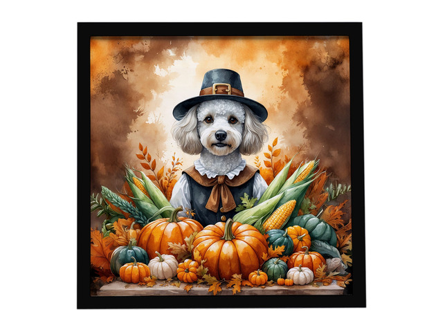 White Poodle Thanksgiving Framed Metal Print Bathroom, Kitchen, Office, Home Decor Wall Art Ready to Hang, Square, 8X8