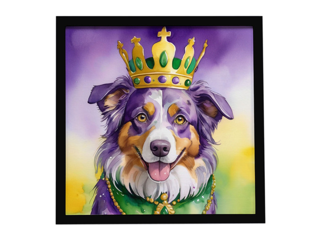 Australian Shepherd King of Mardi Gras Framed Metal Print Bathroom, Kitchen, Office, Home Decor Wall Art Ready to Hang, Square, 8X8