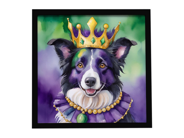Border Collie King of Mardi Gras Framed Metal Print Bathroom, Kitchen, Office, Home Decor Wall Art Ready to Hang, Square, 8X8