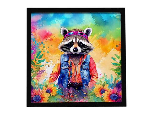 Hippie Animal Raccoon Framed Metal Print Bathroom, Kitchen, Office, Home Decor Wall Art Ready to Hang, Square, 8X8