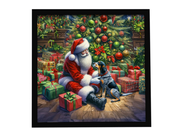 Bluetick Hound and Santa Claus Framed Metal Print Bathroom, Kitchen, Office, Home Decor Wall Art Ready to Hang, Square, 8X8