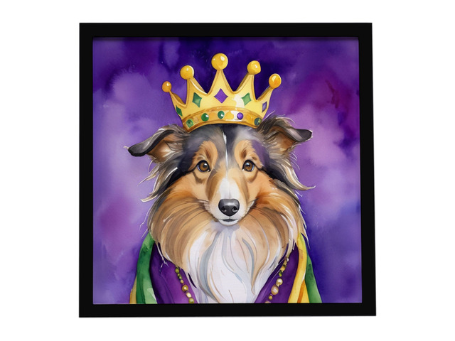 Sheltie King of Mardi Gras Framed Metal Print Bathroom, Kitchen, Office, Home Decor Wall Art Ready to Hang, Square, 8X8