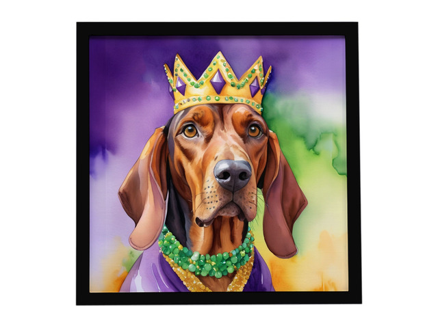 Redbone Coonhound King of Mardi Gras Framed Metal Print Bathroom, Kitchen, Office, Home Decor Wall Art Ready to Hang, Square, 8X8