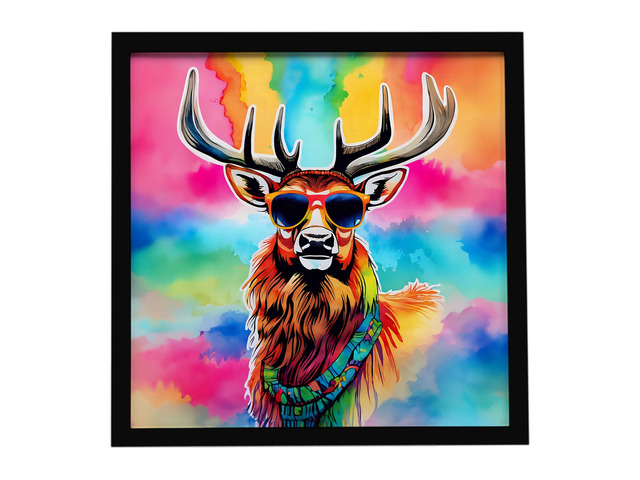 Hippie Animal Stag Deer Framed Metal Print Bathroom, Kitchen, Office, Home Decor Wall Art Ready to Hang, Square, 8X8