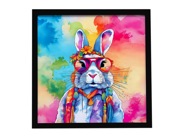 Hippie Animal Rabbit Framed Metal Print Bathroom, Kitchen, Office, Home Decor Wall Art Ready to Hang, Square, 8X8