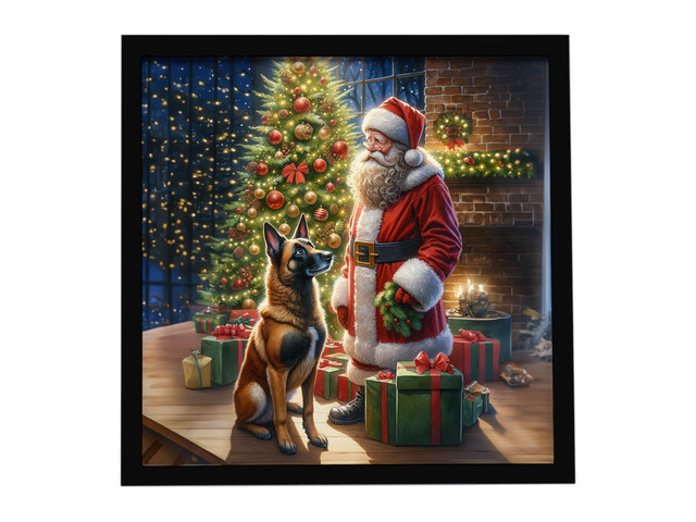 Belgian Malinois and Santa Claus Framed Metal Print Bathroom, Kitchen, Office, Home Decor Wall Art Ready to Hang, Square, 8X8