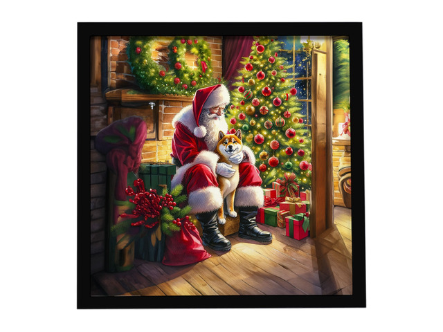 Shiba Inu and Santa Claus Framed Metal Print Bathroom, Kitchen, Office, Home Decor Wall Art Ready to Hang, Square, 8X8