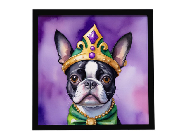 Boston Terrier King of Mardi Gras Framed Metal Print Bathroom, Kitchen, Office, Home Decor Wall Art Ready to Hang, Square, 8X8