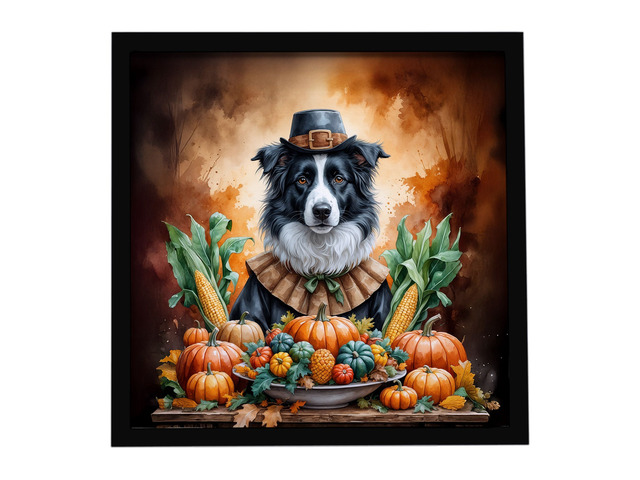 Border Collie Thanksgiving Framed Metal Print Bathroom, Kitchen, Office, Home Decor Wall Art Ready to Hang, Square, 8X8