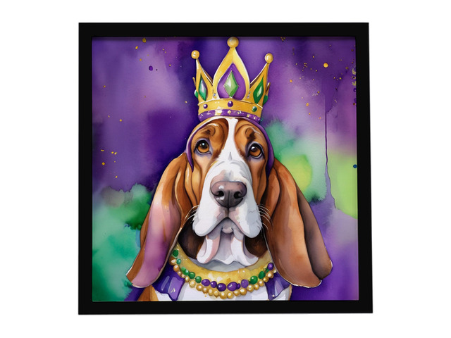 Basset Hound King of Mardi Gras Framed Metal Print Bathroom, Kitchen, Office, Home Decor Wall Art Ready to Hang, Square, 8X8