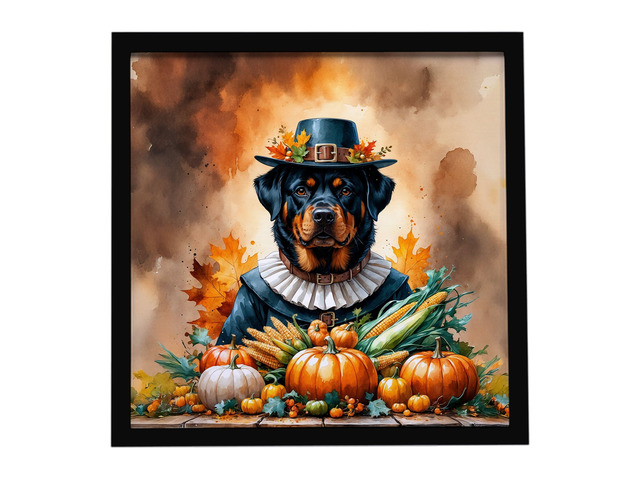 Rottweiler Thanksgiving Framed Metal Print Bathroom, Kitchen, Office, Home Decor Wall Art Ready to Hang, Square, 8X8