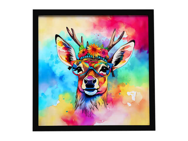 Hippie Animal Deer Framed Metal Print Bathroom, Kitchen, Office, Home Decor Wall Art Ready to Hang, Square, 8X8