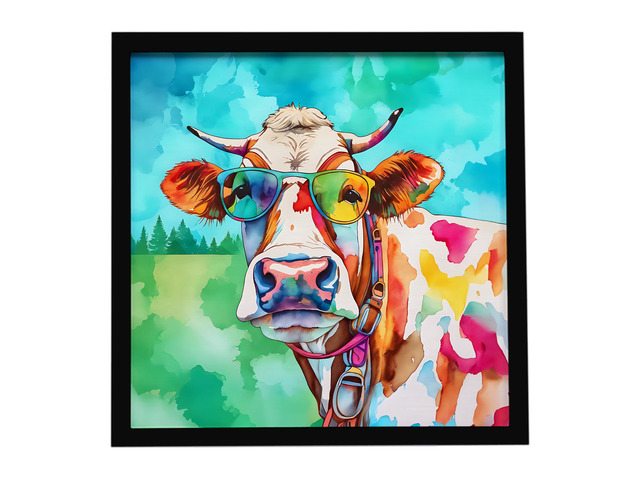 Hippie Animal Cow Framed Metal Print Bathroom, Kitchen, Office, Home Decor Wall Art Ready to Hang, Square, 8X8