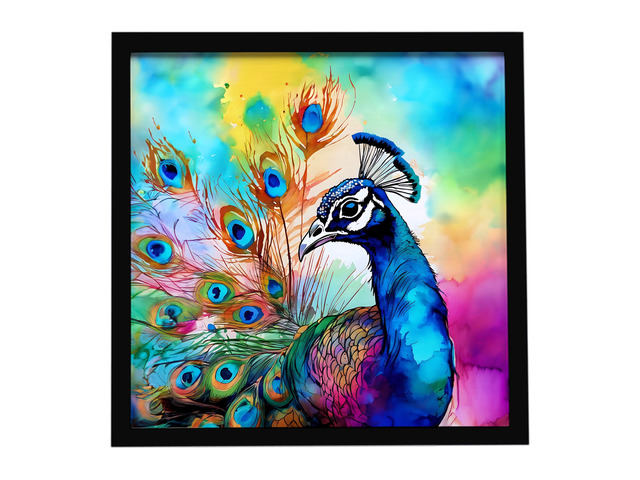 Hippie Animal Peacock Framed Metal Print Bathroom, Kitchen, Office, Home Decor Wall Art Ready to Hang, Square, 8X8