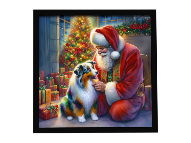 Australian Shepherd and Santa Claus Framed Metal Print Bathroom, Kitchen, Office, Home Decor Wall Art Ready to Hang, Square, 8X8