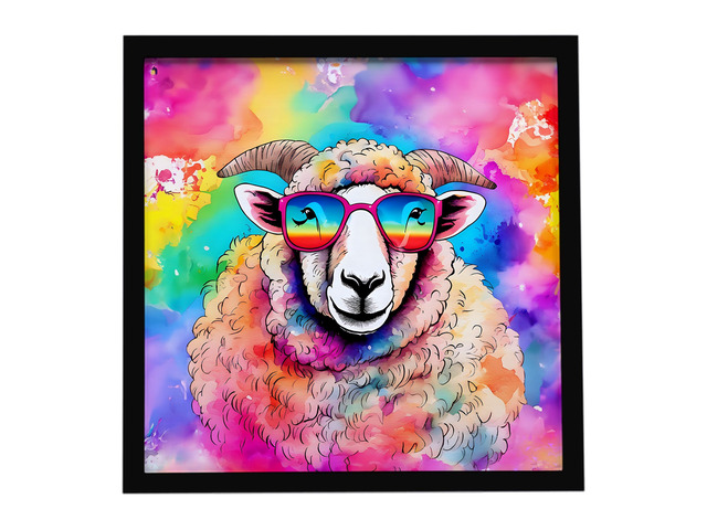 Hippie Animal Sheep Framed Metal Print Bathroom, Kitchen, Office, Home Decor Wall Art Ready to Hang, Square, 8X8