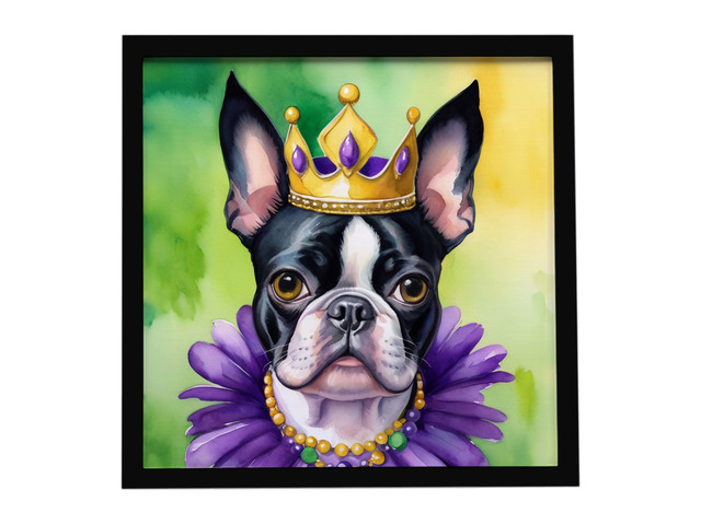 Boston Terrier King of Mardi Gras Framed Metal Print Bathroom, Kitchen, Office, Home Decor Wall Art Ready to Hang, Square, 8X8