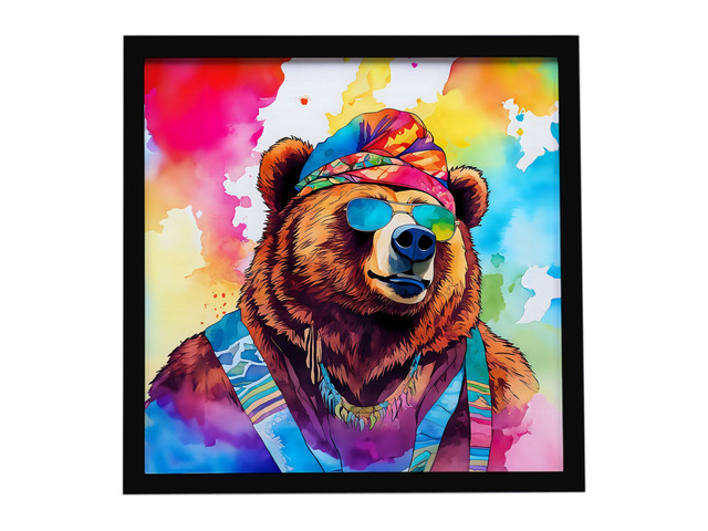 Hippie Animal Grizzly Bear Framed Metal Print Bathroom, Kitchen, Office, Home Decor Wall Art Ready to Hang, Square, 8X8