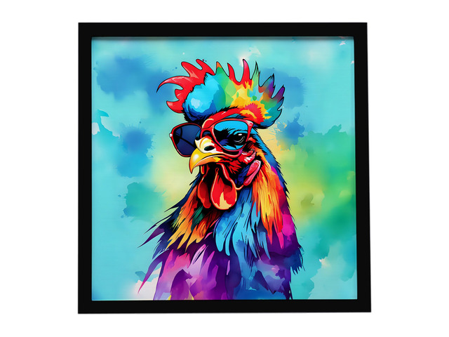 Hippie Animal Rooster Framed Metal Print Bathroom, Kitchen, Office, Home Decor Wall Art Ready to Hang, Square, 8X8