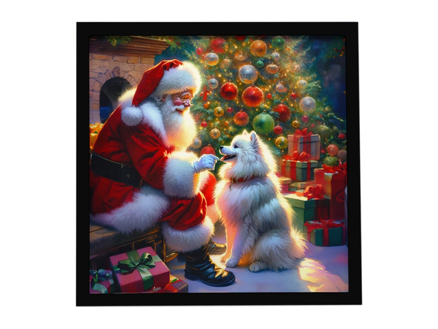 American Eskimo and Santa Claus Framed Metal Print Bathroom, Kitchen, Office, Home Decor Wall Art Ready to Hang, Square, 8X8