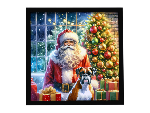 Boxer and Santa Claus Framed Metal Print Bathroom, Kitchen, Office, Home Decor Wall Art Ready to Hang, Square, 8X8